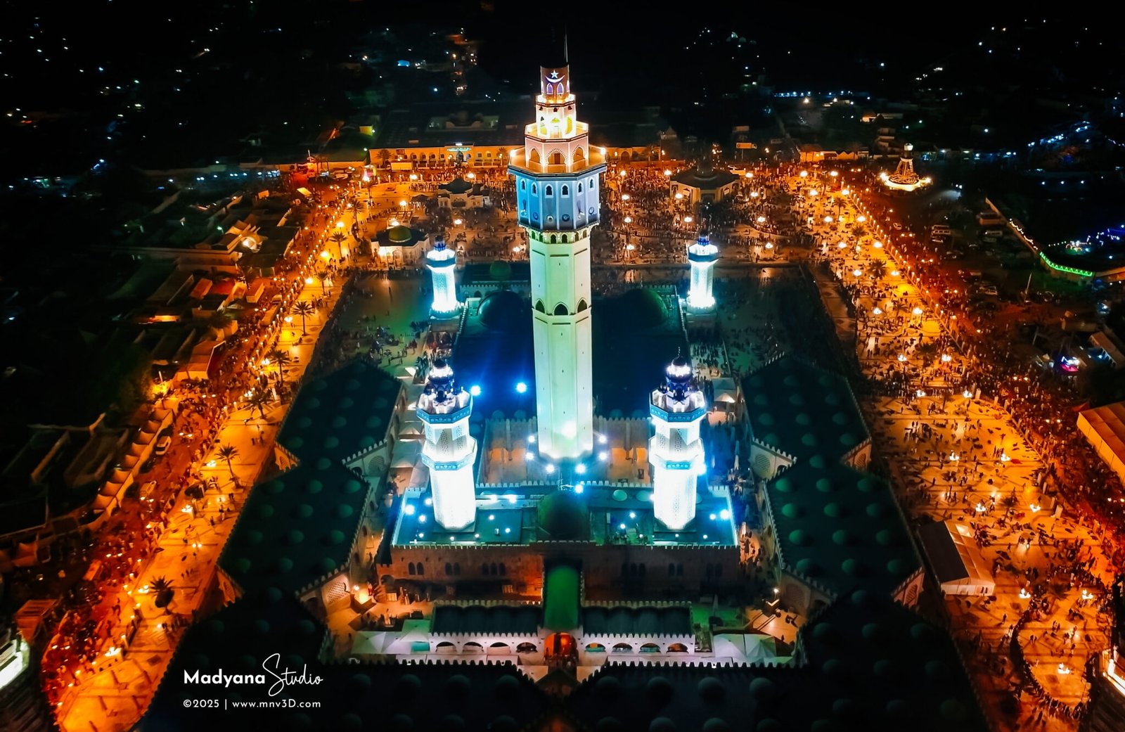 Second nighttime drone view of the Great Mosque of Touba