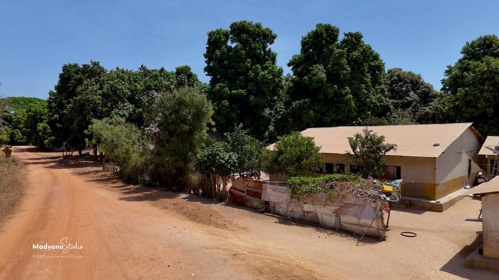 Aerial view of the village of Casamance in Ziguinchor, Senegal, showing the local architecture and vegetation.